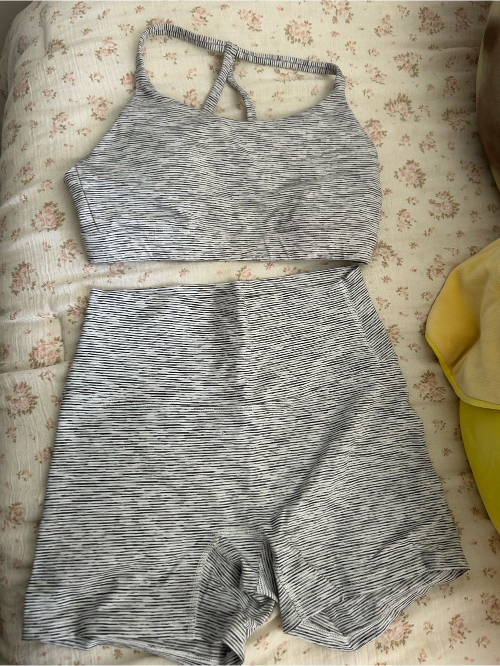 Women's Gray Striped Active Crop Top and High-Waist Shorts Set